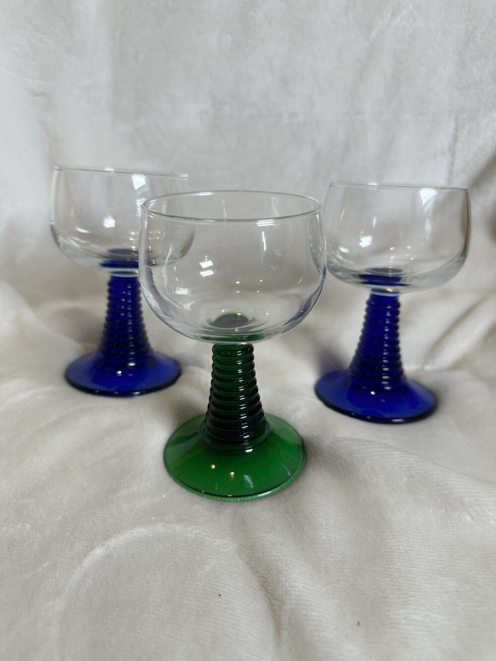 LUMINARC France Beehive 2 Blue 1 Green Stem Wine Cordial Glasses Set Of 3 Chic